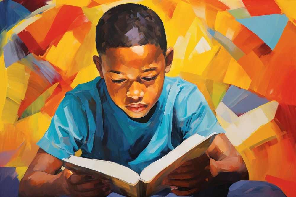 7 years old black boy reading book painting art publication.