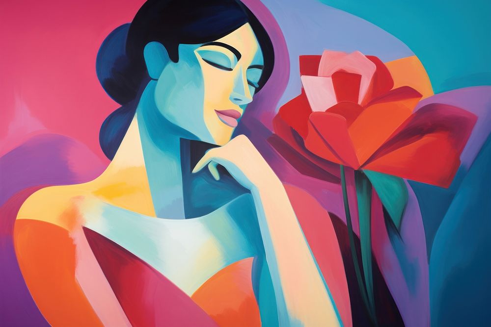 Woman holding a flower painting adult art.