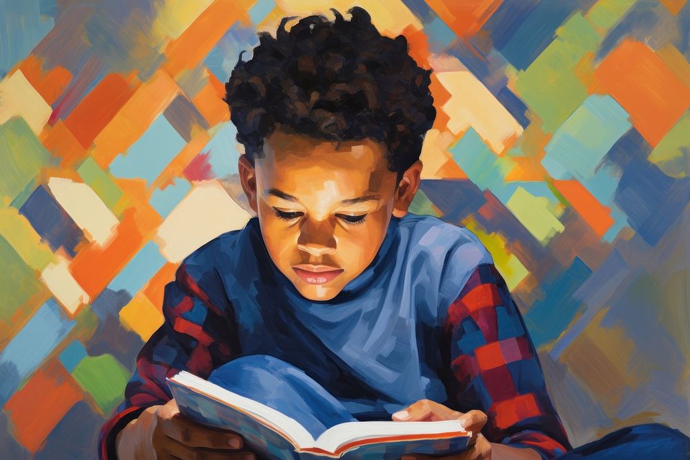 7 years old black boy reading book painting publication art.