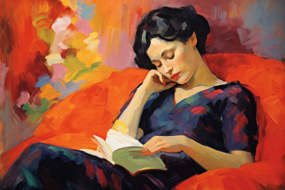 Woman reading book painting art contemplation.