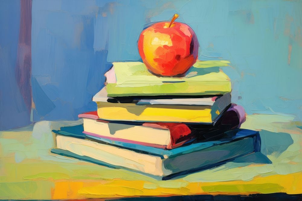 Stack of books with an apple on top painting publication art.