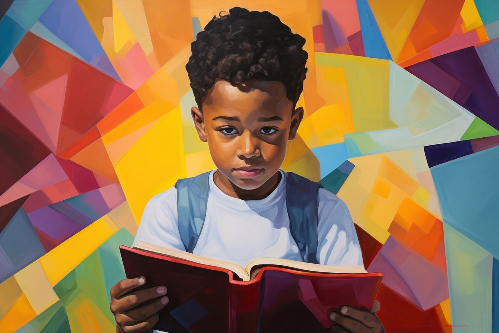 7 years old black boy reading book publication painting portrait.