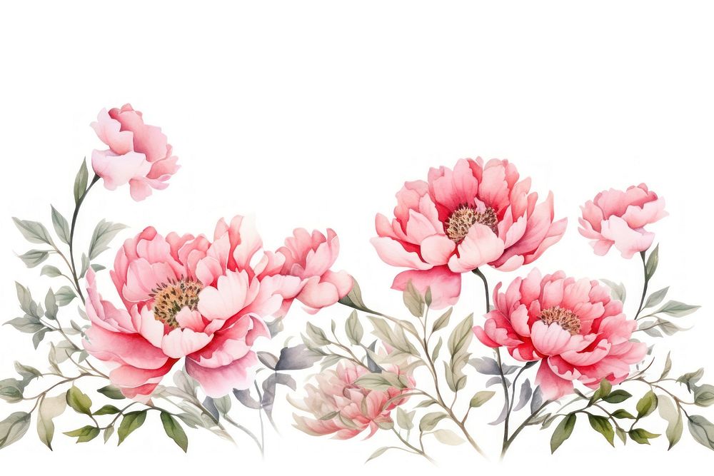 Peony flowers border watercolor blossom pattern plant.