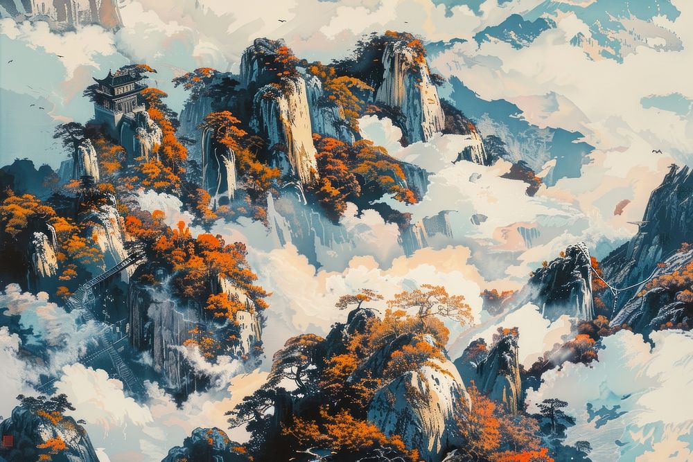 Chinese mountain painting landscape outdoors.