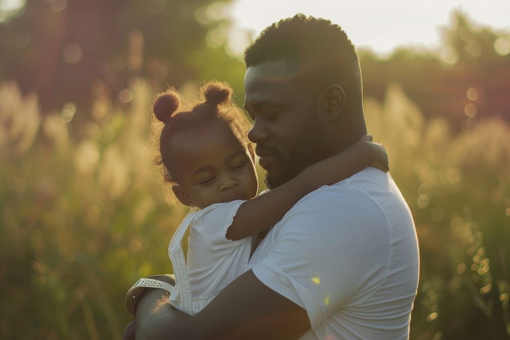 Black man holding his daughter outdoors portrait nature.