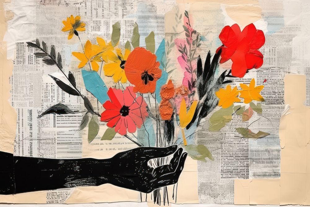 Flowers in hand collage art painting.