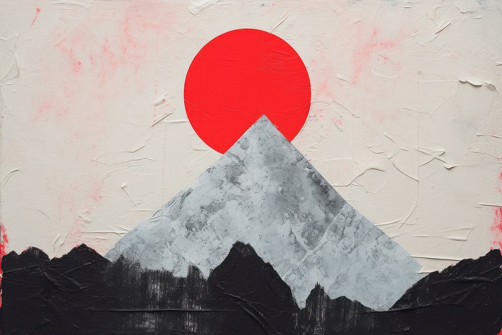 Fuji mountain with red sun art painting architecture.