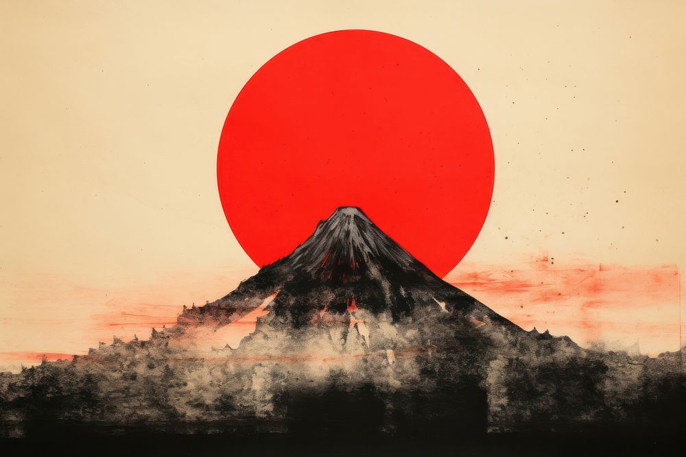 Fuji mountain with red sun outdoors volcano nature.