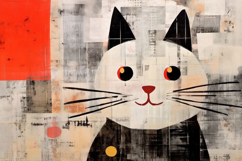Geometry lucky cat art painting collage.