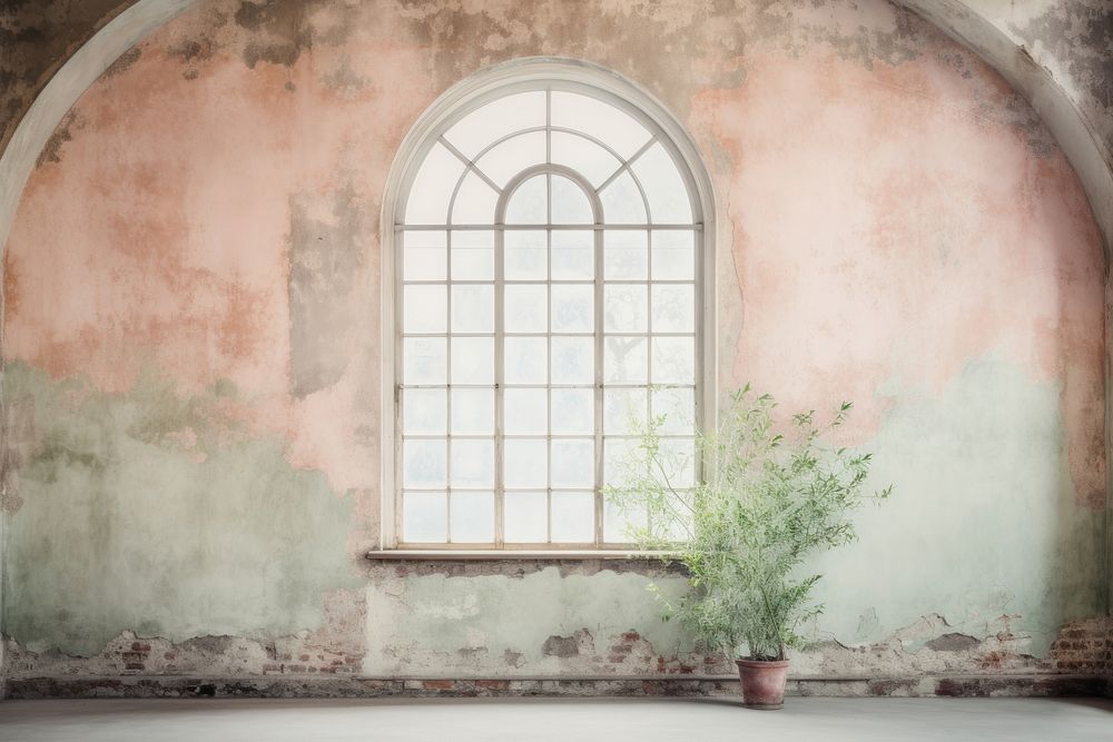 Photo of vintage pastel wall window plant deterioration.