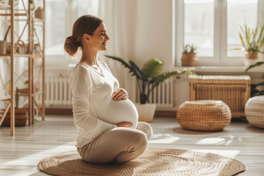 Healthy pregnant woman sitting adult yoga.