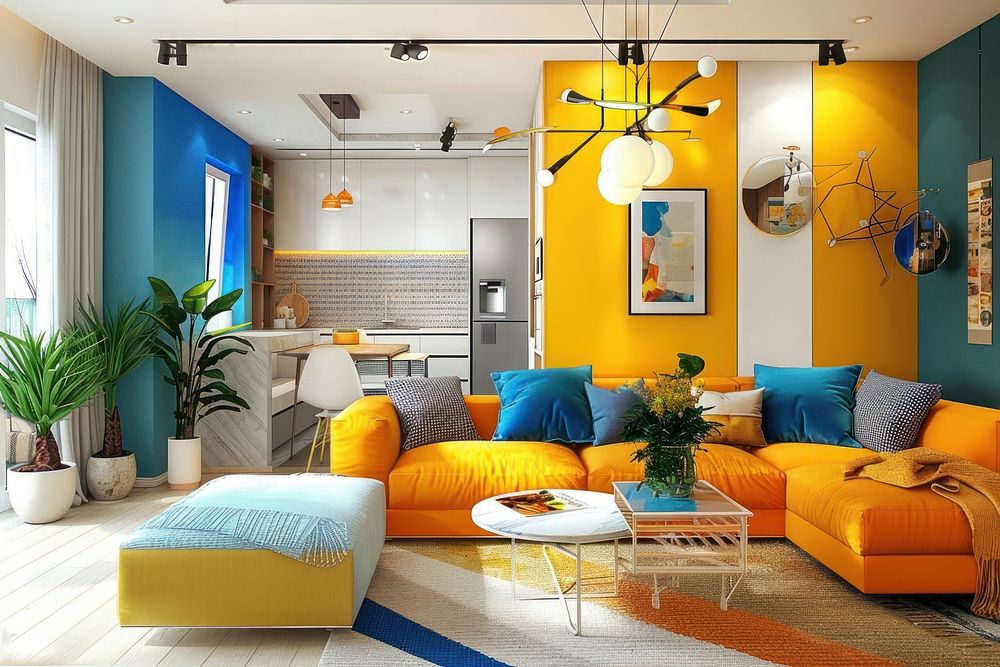 Bold pop color living room architecture furniture building.