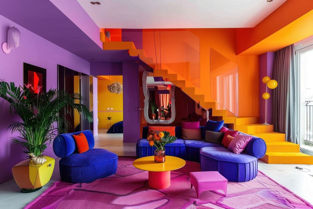 Bold pop color living room architecture furniture building.