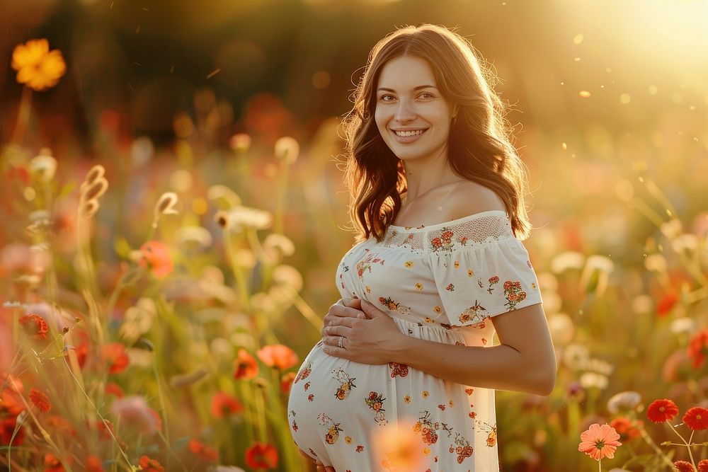 Smiling pregnant woman portrait outdoors smile.