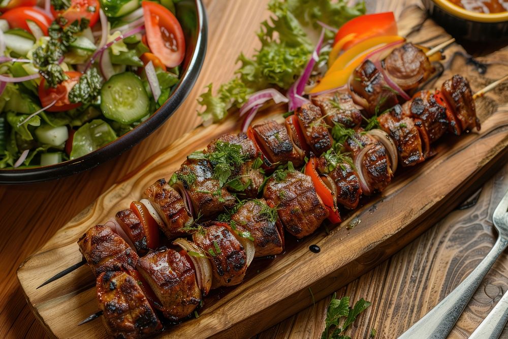 Shish kebab of pork and salad table meat food.