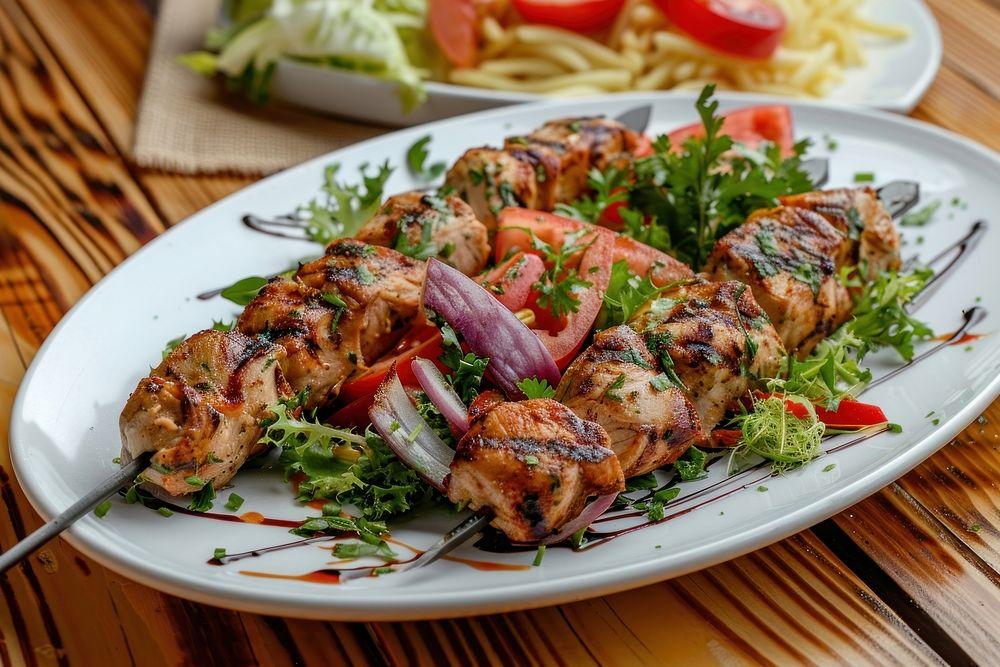 Shish kebab of pork and salad plate table meat.