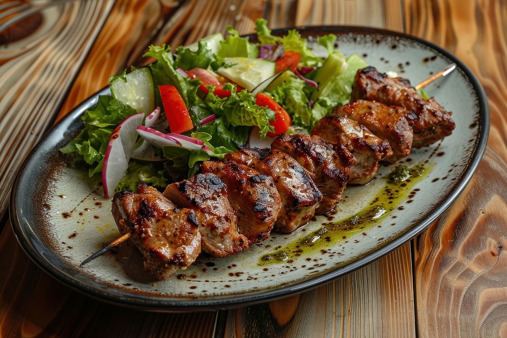 Shish kebab of pork and salad table meat food.
