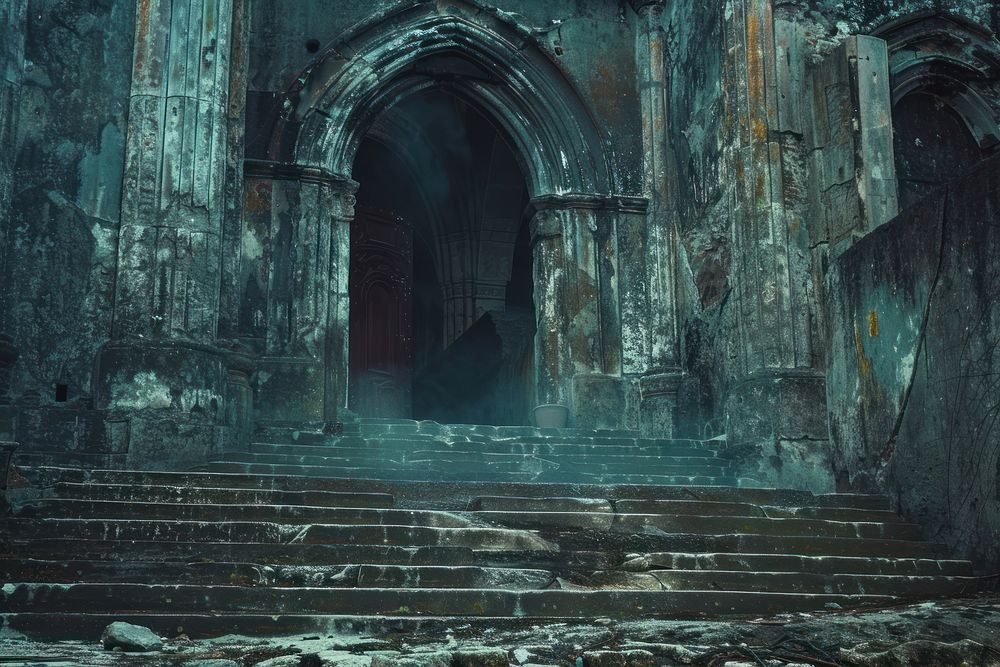 Scene terror Dracula castal crypt deterioration spirituality.