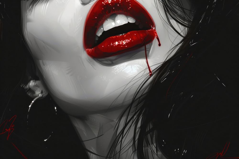 Beautiful vampire women mouth and teeth fang lipstick drawing.