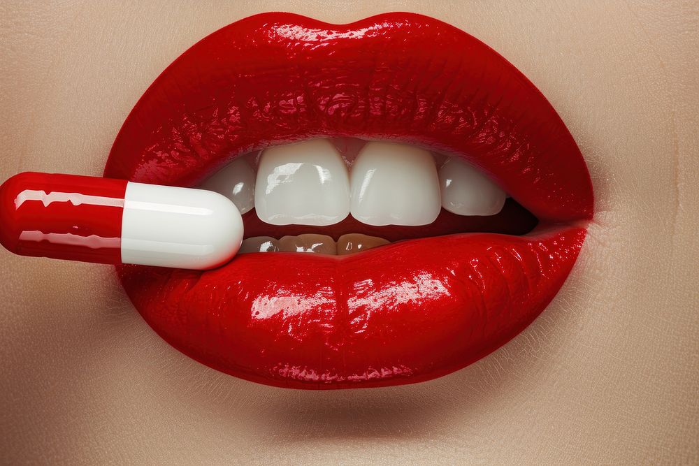 Lips biting a pill cosmetics lipstick medication.