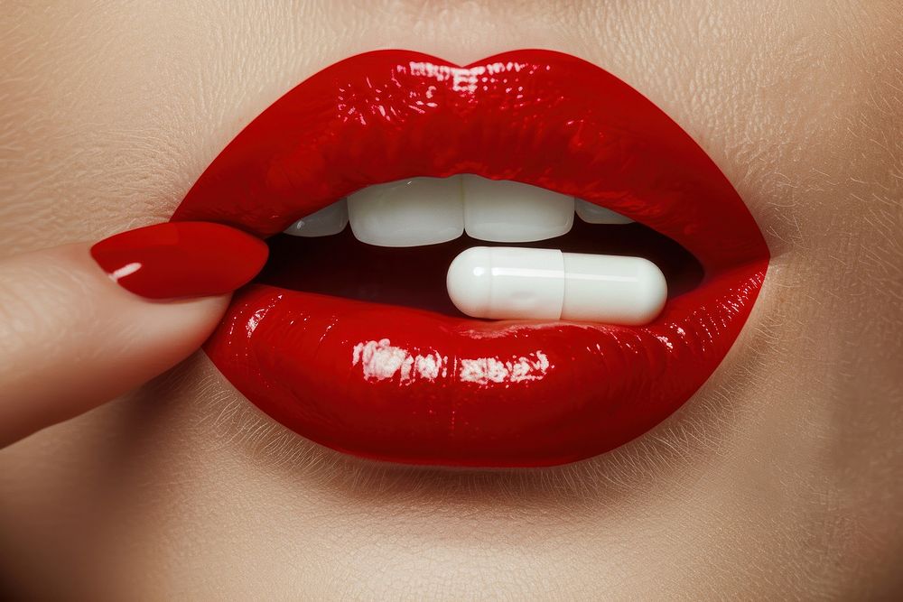 Lips biting a pill perfection medication lipstick.