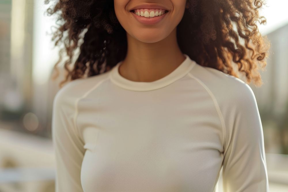 Woman wear sport spandex blank cream long sleeve fashion apparel smile.