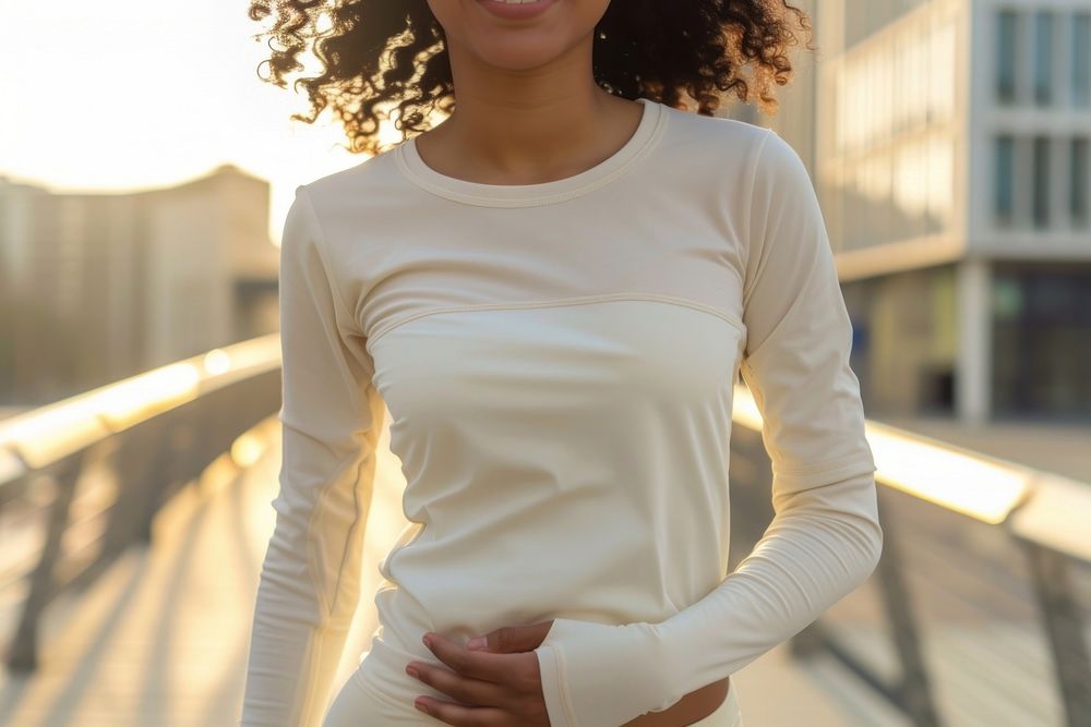 Woman wear sport spandex blank cream long sleeve outdoors t-shirt fashion.