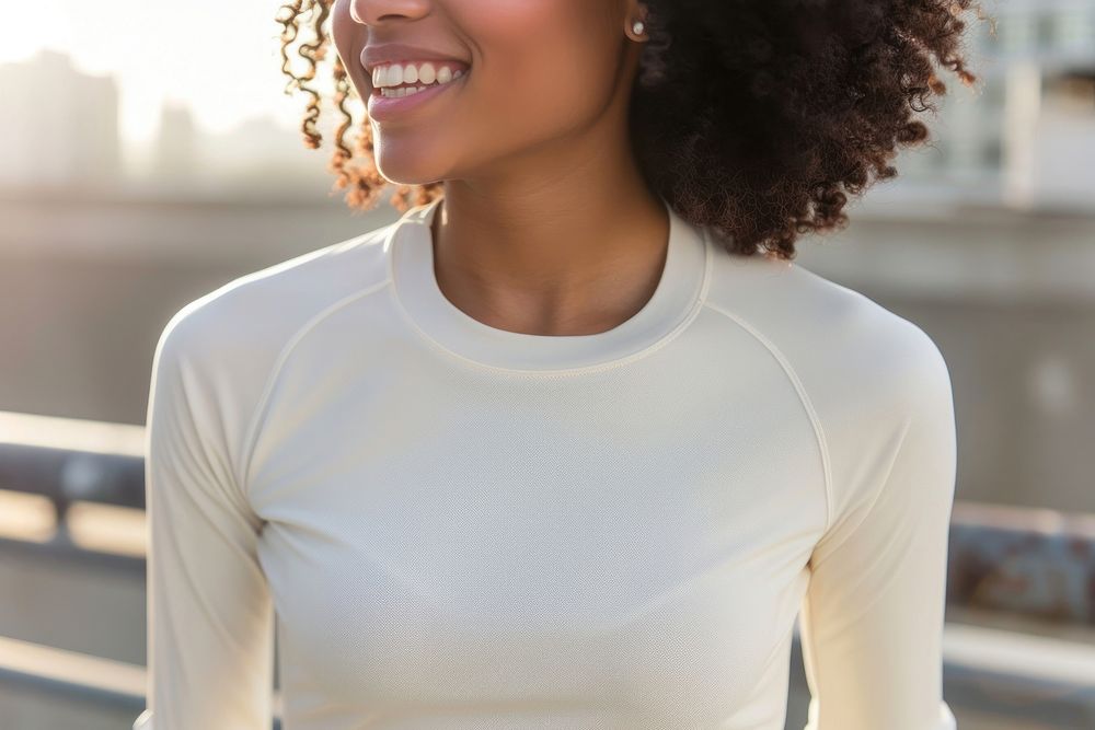 Woman wear sport spandex blank cream long sleeve outdoors fashion apparel.