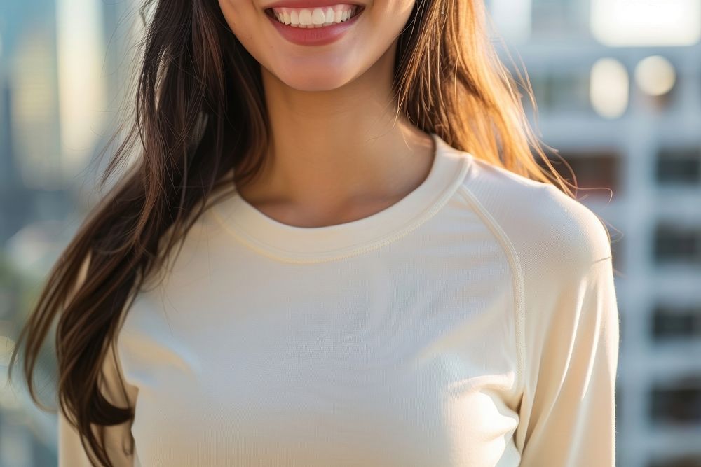 Woman wear sport spandex blank cream long sleeve outdoors t-shirt fashion.