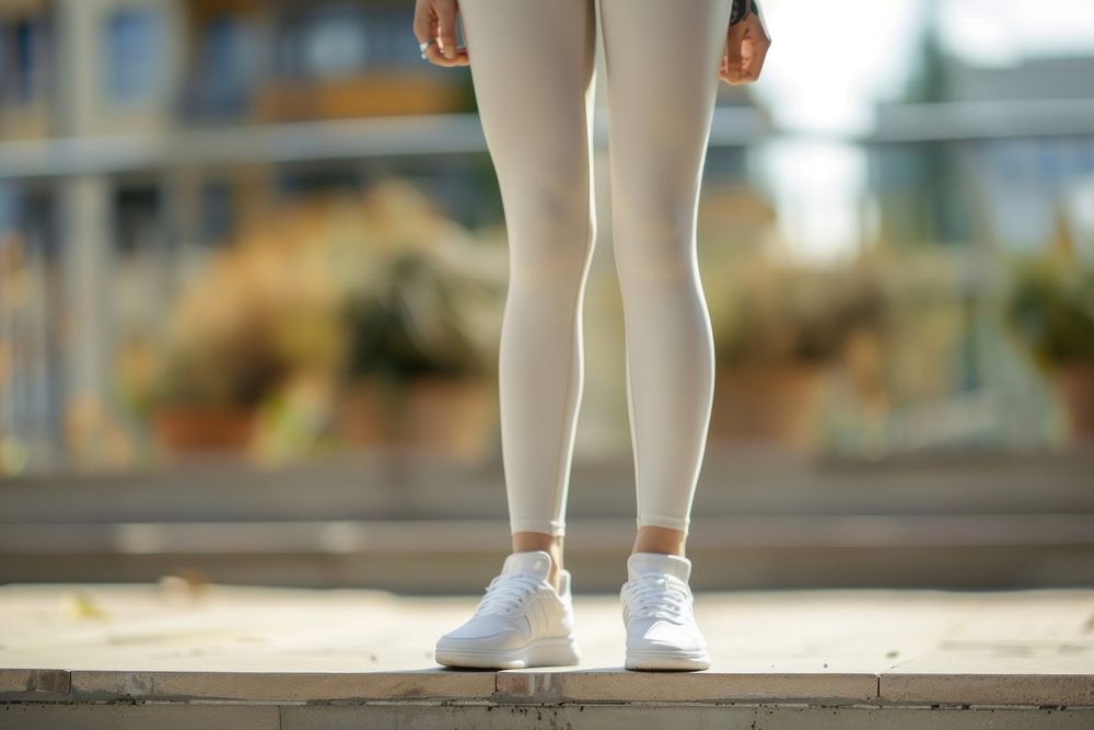 Woman wear sport spandex blank cream legging footwear leggings outdoors.