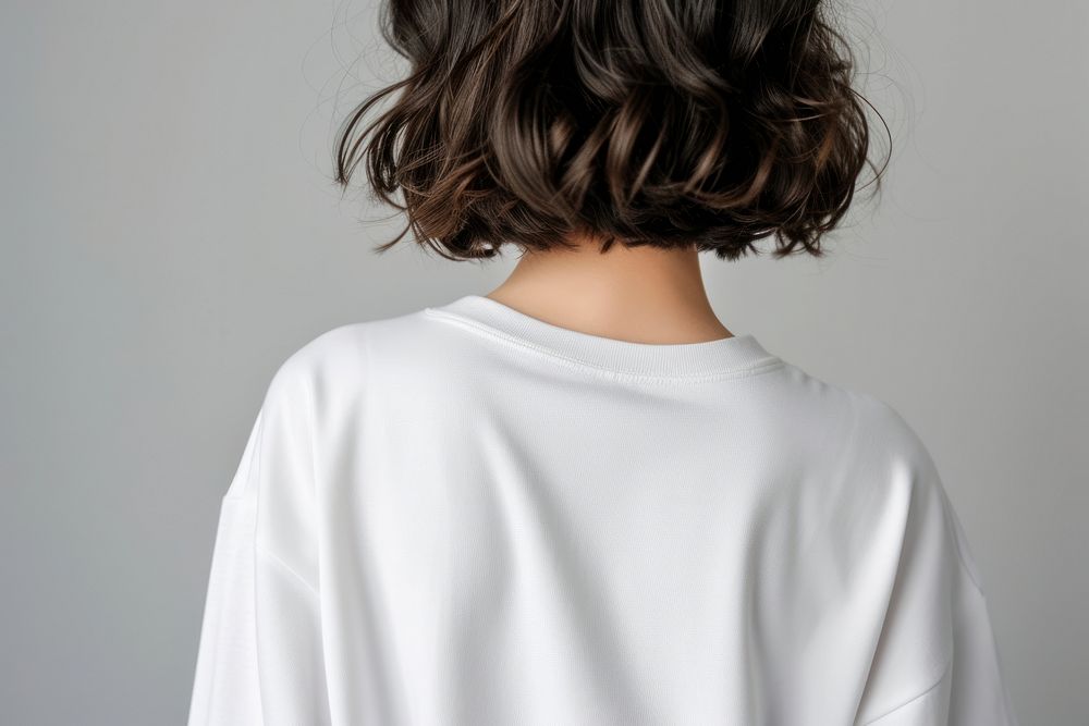 Blank white longsleeve back outerwear hairstyle.