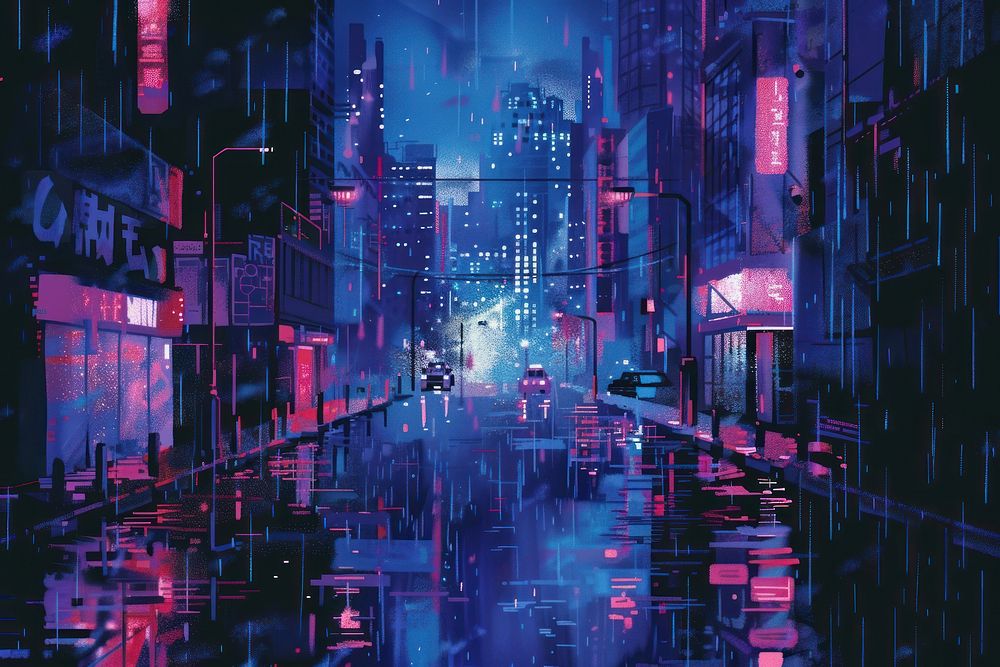 Rain inspired by the Y2K era backgrounds metropolis street.