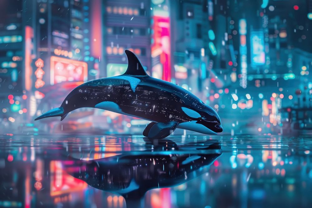 Cyberpunk photo of orca dolphin animal mammal.