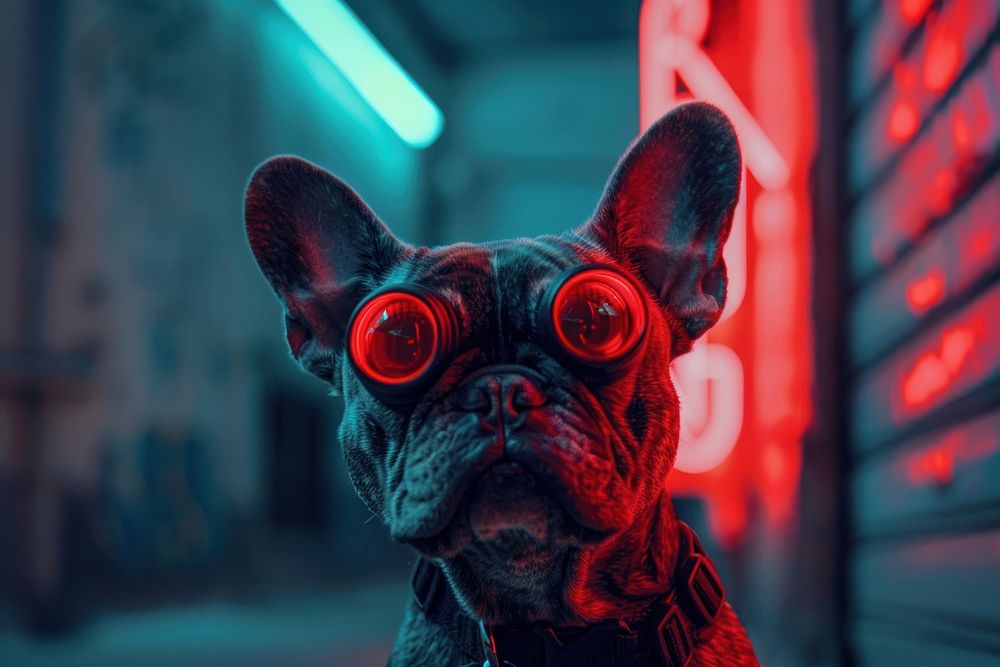 Cyberpunk photo of french bulldog animal mammal pet.