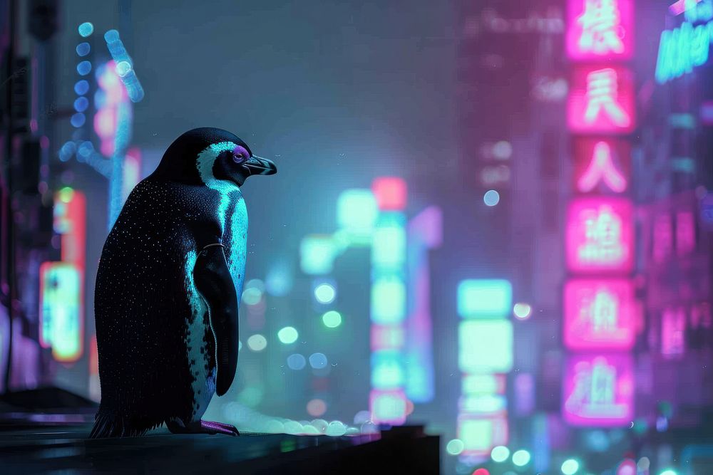 Cyberpunk photo of penguin animal bird microphone.