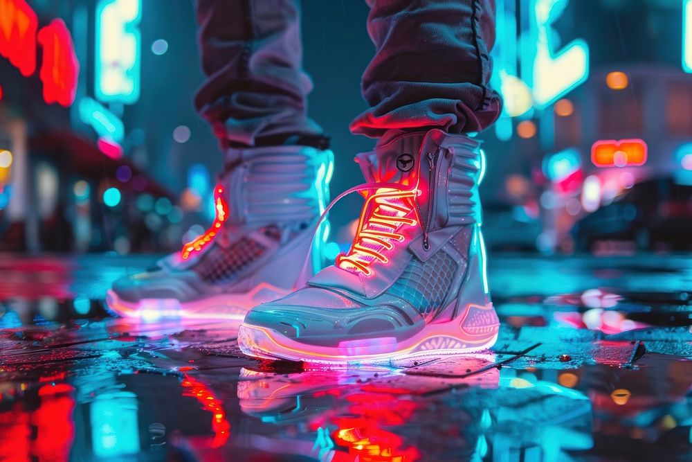 Cyberpunk photo of shoes footwear transportation illuminated.