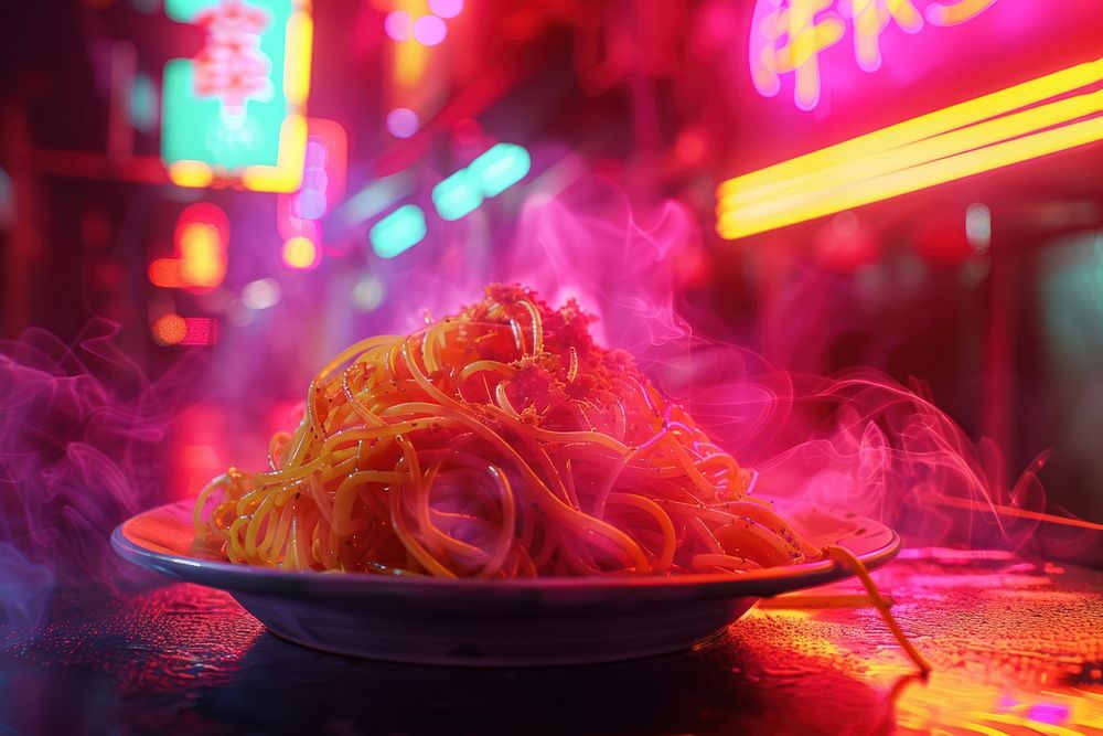 Cyberpunk photo of spaghetti pasta food illuminated.