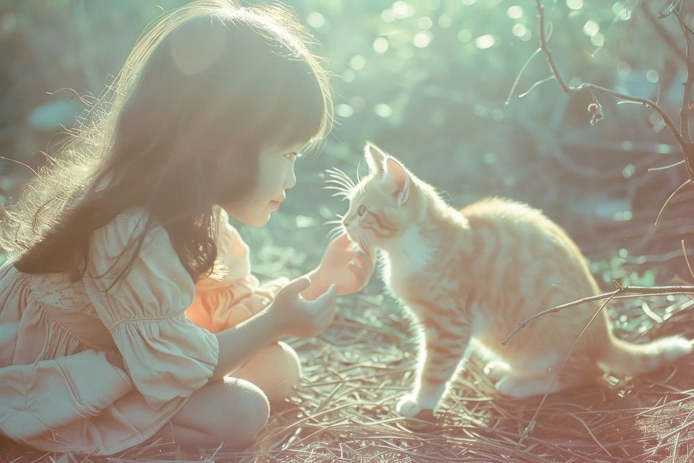 Girl playing with a cat photography portrait outdoors.