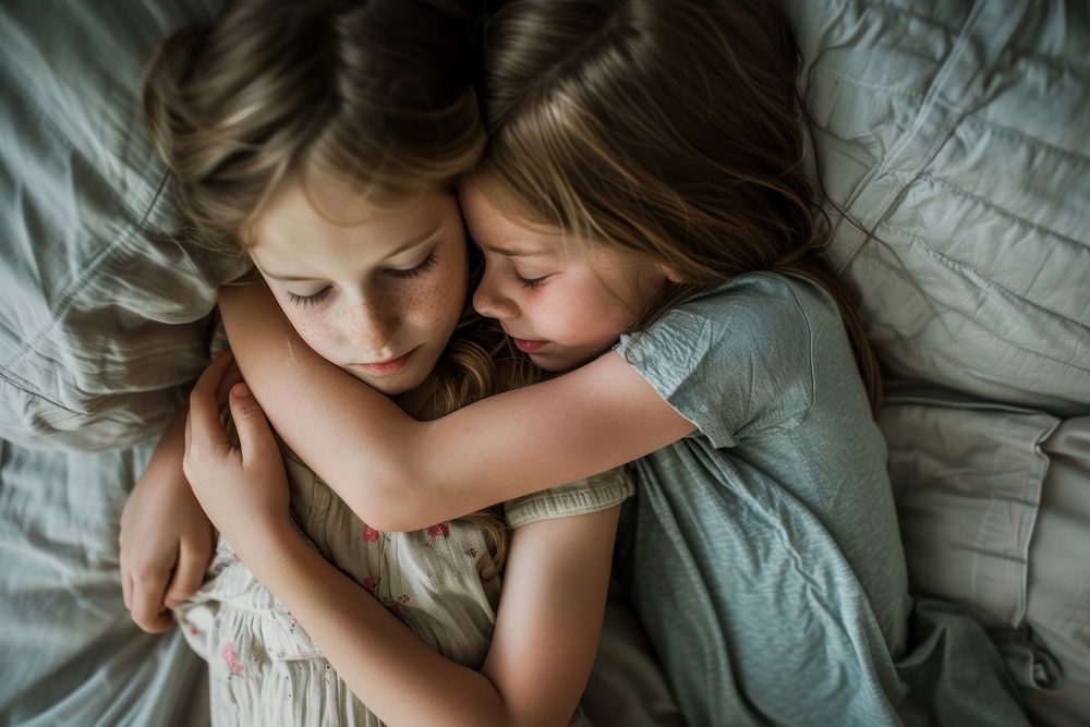 Mother hugging 2 girl children on gray bed togetherness affectionate comfortable.