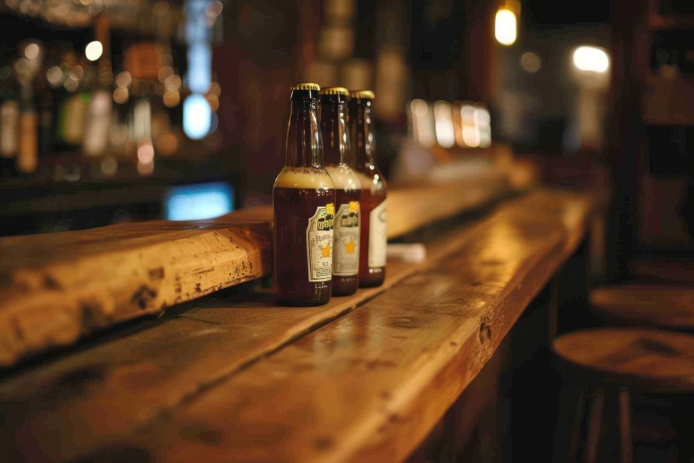 Vintage wood counter bar beer restaurant bottle.
