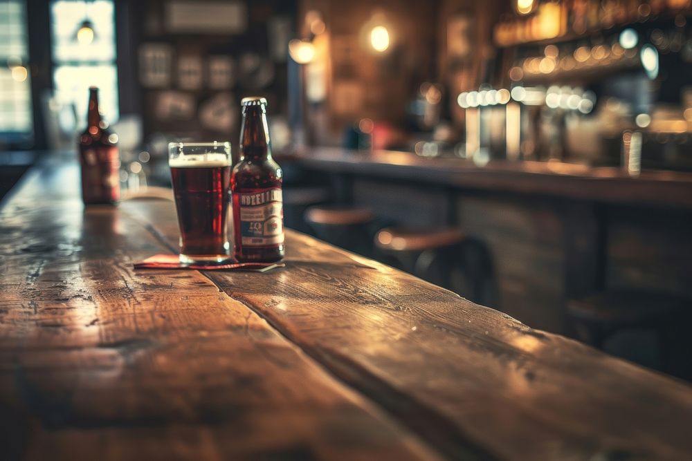 Vintage wood counter bar beer restaurant bottle.