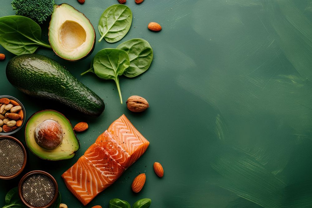 Healthy food vegetable avocado salmon.