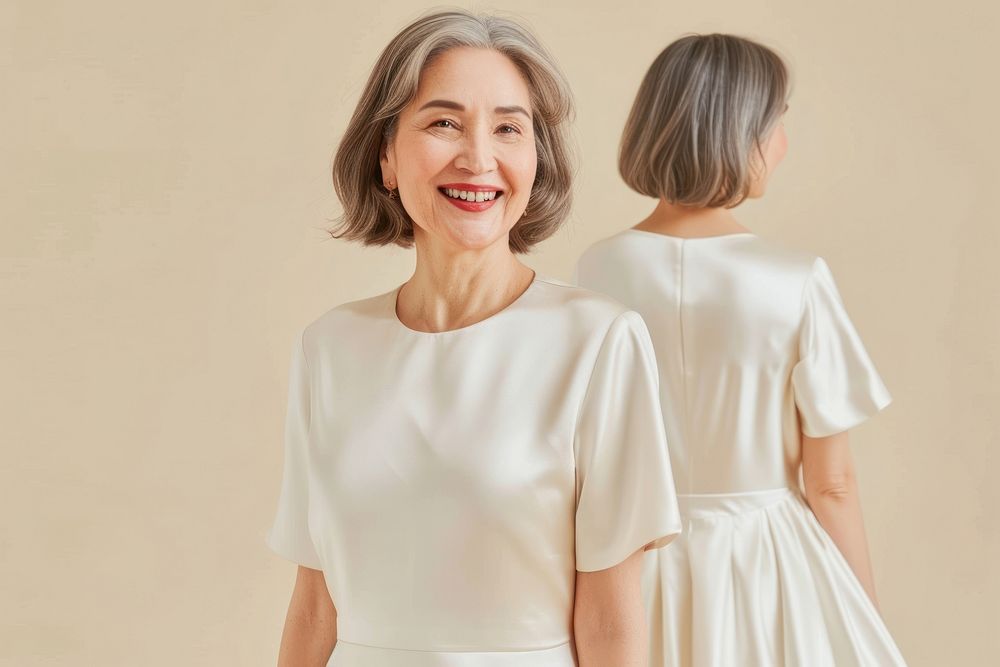 Woman wear blank cream satin dress laughing fashion apparel.