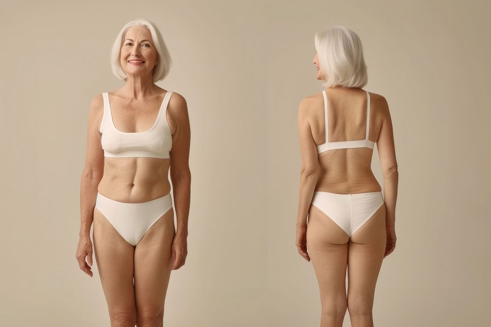 Woman wear blank cream swim suit underwear swimwear lingerie.