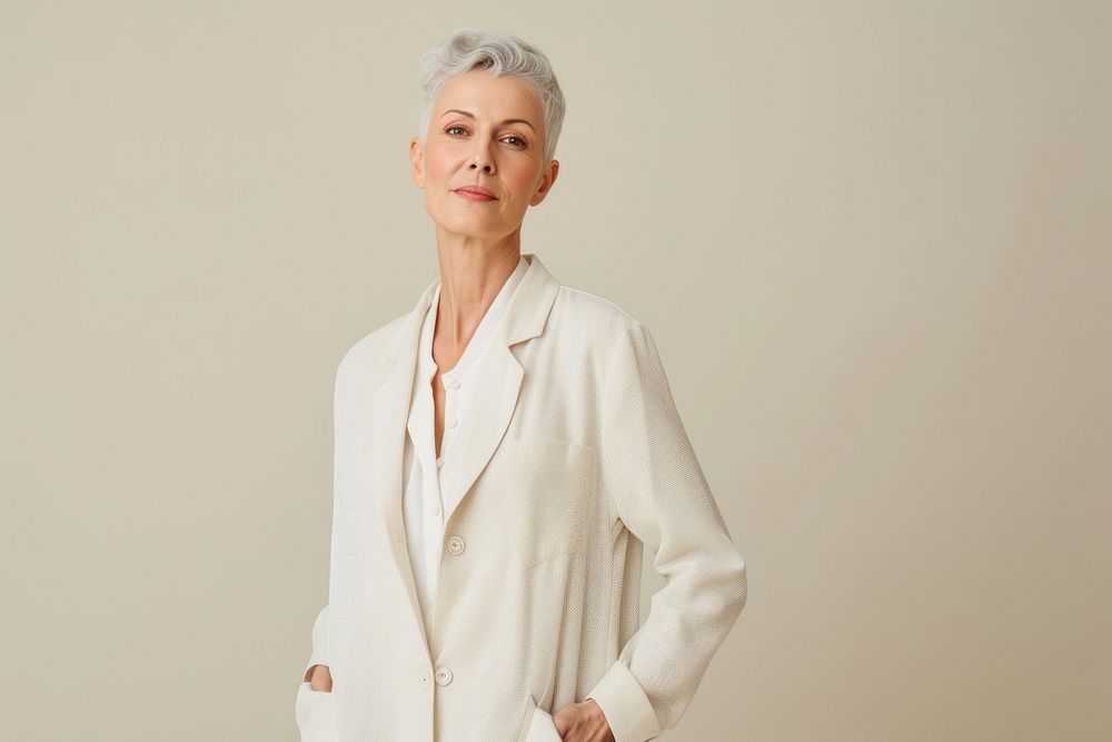 Woman wear blank cream casual suit portrait fashion apparel.