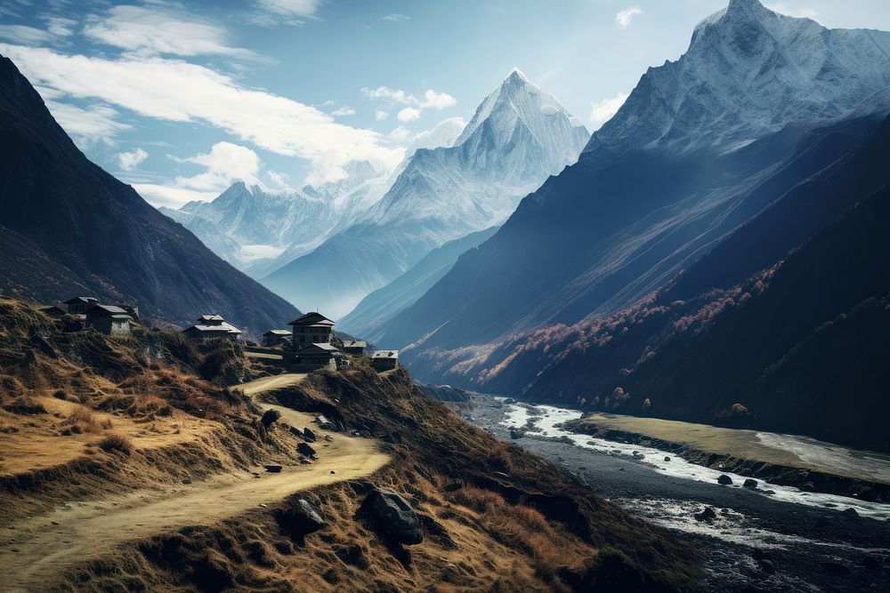 Nepal valley border wilderness landscape mountain.