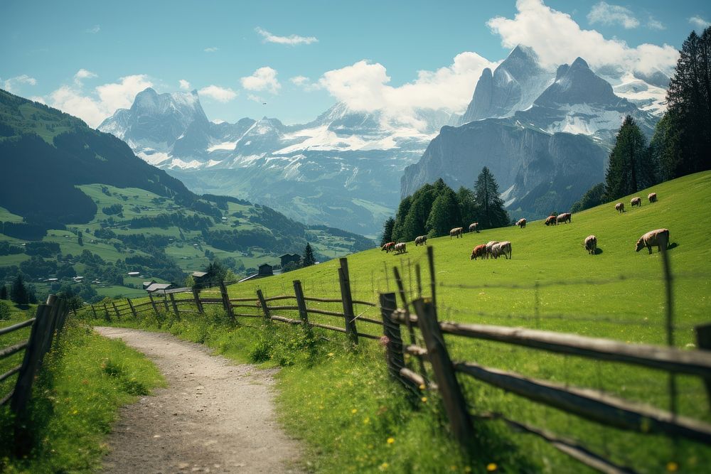 Switzerland valley border landscape grassland livestock.