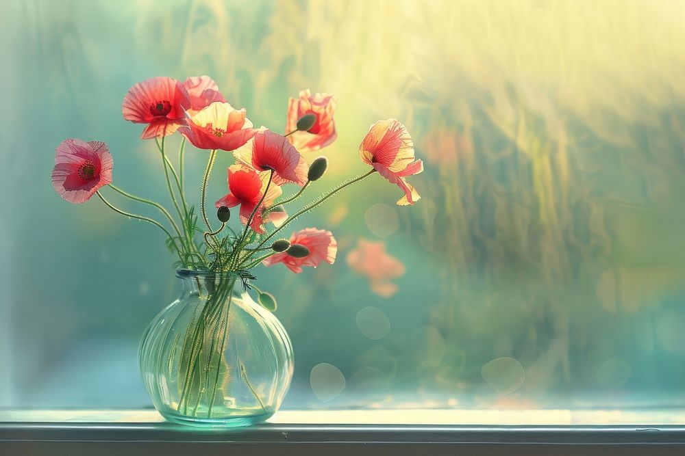 Poppy in flower vase window plant inflorescence.