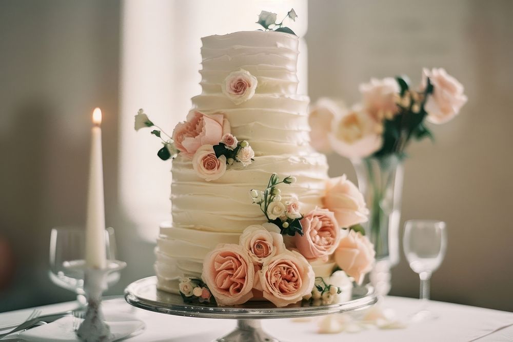 Photo of wedding cake dessert candle flower.