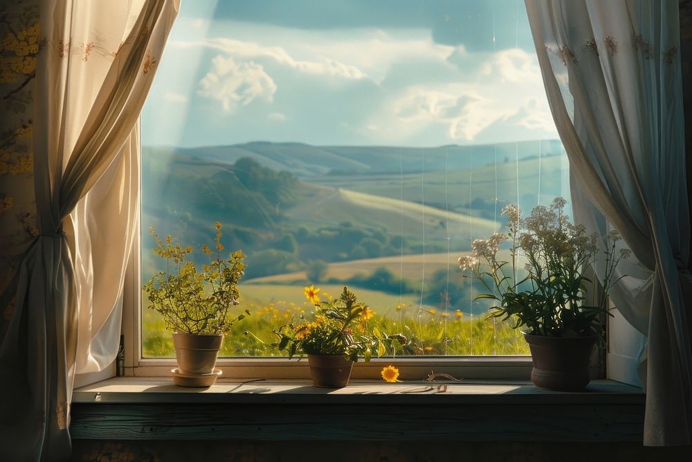 Window see the hill windowsill plant architecture.